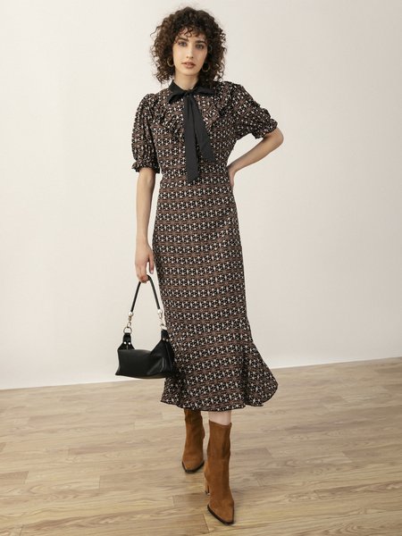 

Elegant Slim Fit Puff Sleeve Dress, Maroon, Midi Dresses
