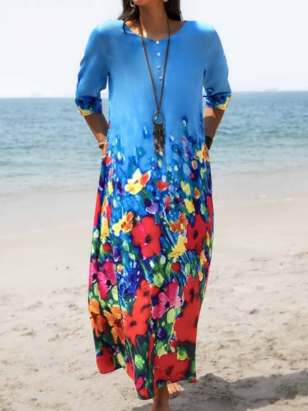 

Casual Printed Floral 3/4 Sleeve Dresses, Blue, Boho dresses