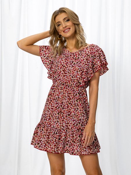 

Short Sleeve Sweet A-Line V Neck Weaving Dress, Red, Dresses