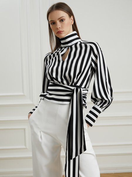 

Daily Elegant Striped Hollow Out Top, Black, Blouses and Shirts