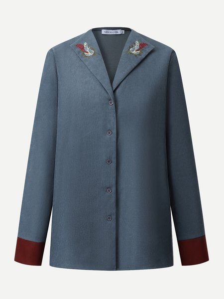 

V Neck Embroidered Floral Shirts & Tops, Blue, Blouses & Shirts