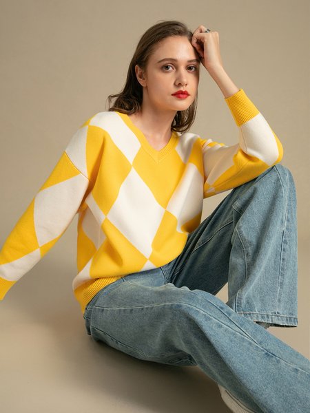 

Long Sleeve Casual Shift V Neck Sweater, Yellow, Pullovers