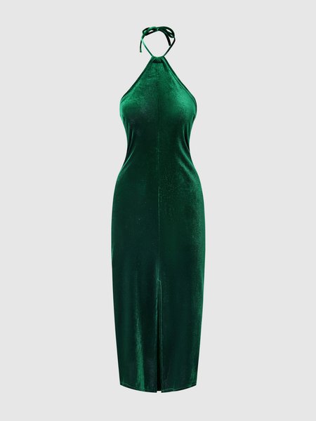 

Solid Halter Elegant Weaving Dress, Green, Midi Dresses