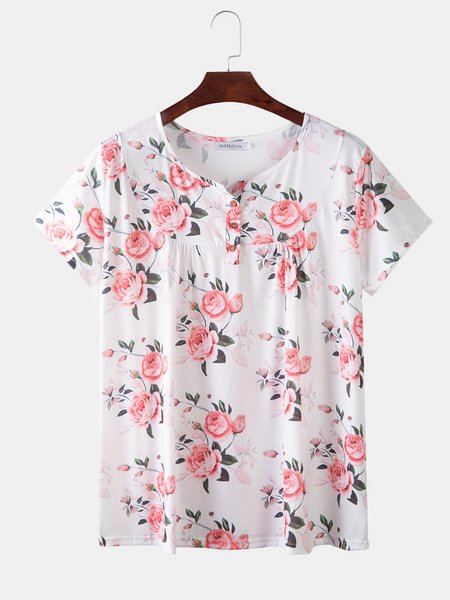 

Summer Floral Short Sleeve Casual Tops, White, T-Shirts