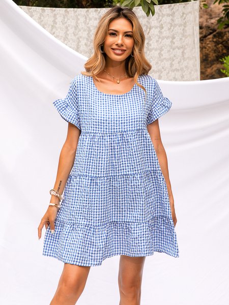 

Checkered/plaid Short Sleeve A-Line Weaving Dress, Lightblue, Dresses