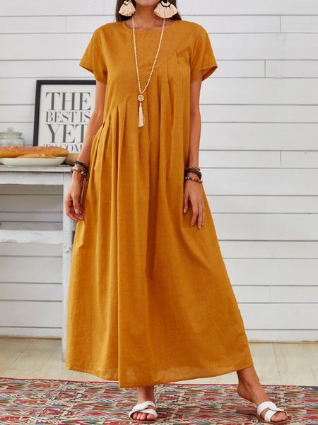 

Cotton-Blend Casual Plain Short Sleeve Women Dress, Yellow, Maxi Dresses