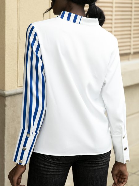 

Stripes Long Sleeve Casual Stand Collar Top, White, Blouses and Shirts