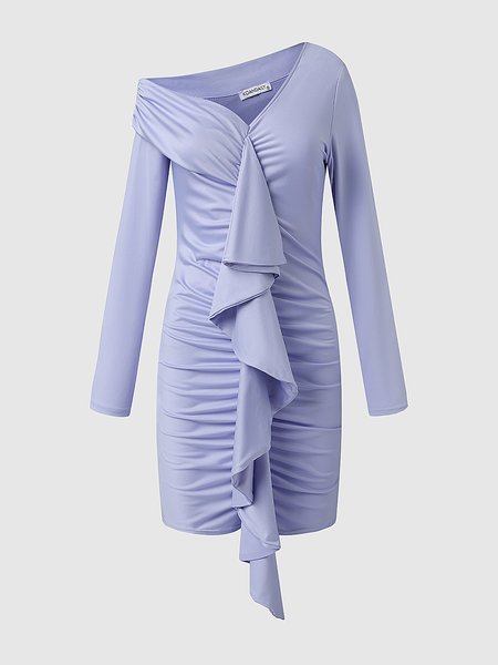 

One Shoulder Casual Solid Knitting Dress, Lightblue, Mini Dresses