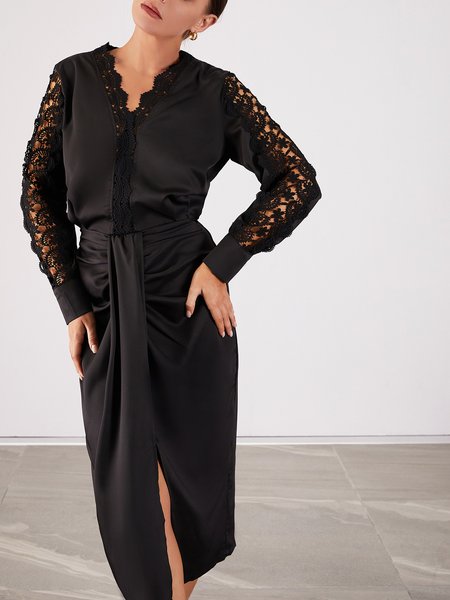 

Lady Long Sleeve Solid V Neck Regular Fit Midi Dress, Black, Midi Dresses