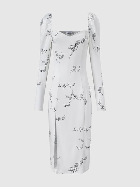 

Square Neck Elegant Slim Fit Puff Sleeve Dress, White, Midi Dresses
