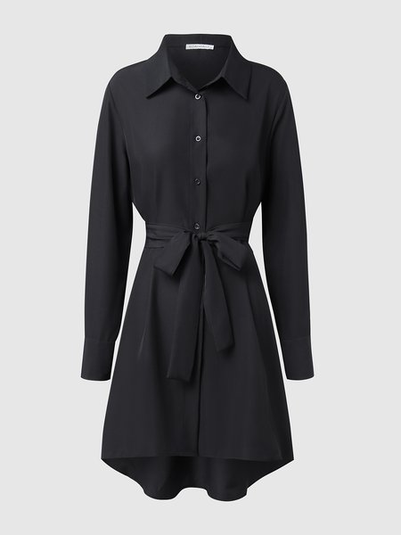 

Shirt Collar Elegant Weaving Dress With Belt, Black, Mini Dresses