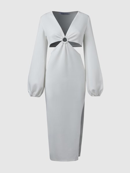 

Solid Elegant V Neck Dress, White, Midi Dresses