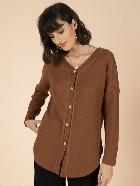 

Casual Long Sleeve V Neck Cotton-Blend Shirts & Tops, Khaki, Shirts & Blouses