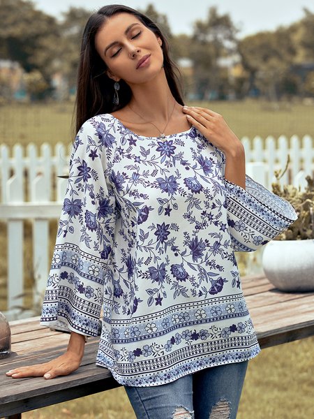 

Vintage Floral 3/4 Sleeve Tops, Blue, Blouses & Shirts