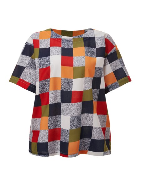 

Crew Neck Short Sleeve Checkered/Plaid Top, As picture, Tops