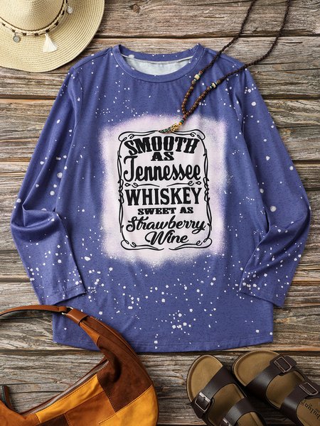 

Long Sleeve Shift Crew Neck Letter T-shirt, Blue, Long sleeve tops