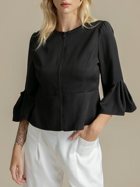 

Zipper Solid Crew Neck Elegant Top, Black, Tops