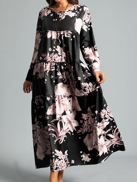 

Cotton-linen Floral-Print A-line Long Sleeves Dresses, Black, Dresses