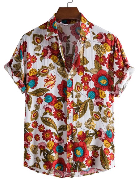 

Men's Basic Printed Floral Shirts, White, Shirts