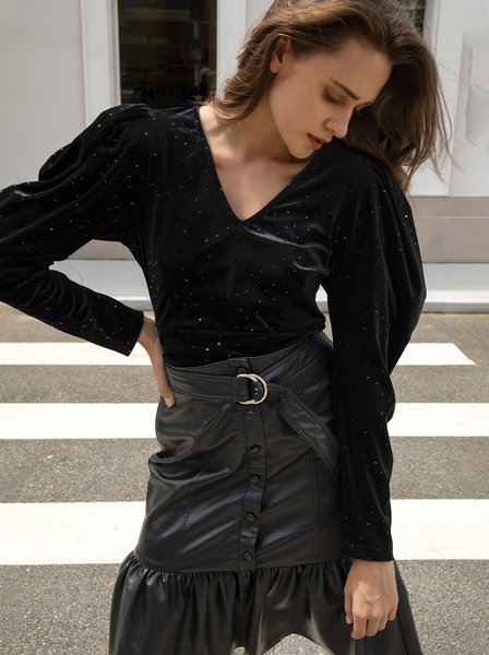 

Work V Neck Long Sleeve Top, Black, Tops