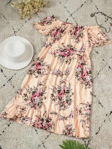 

Plus Size Short Sleeve Floral Casual Off Shoulder Weaving Dress, Apricot, Floral Dresses