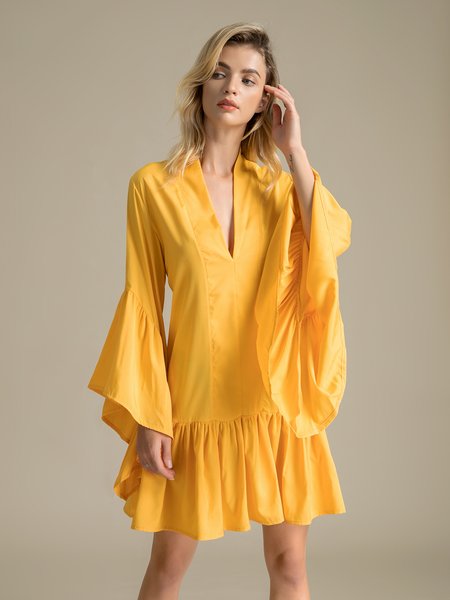 

Vintage Solid 3/4 Sleeve Ruffled Dress, Yellow, Mini Dresses