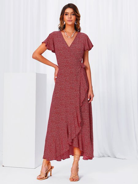

Sweet Floral Short Sleeve Weaving Dress, Red, Dresses