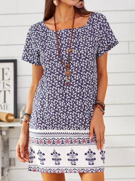 

Vintage Boho Casual Short Sleeve Women Dress, Navy, Mini Dresses