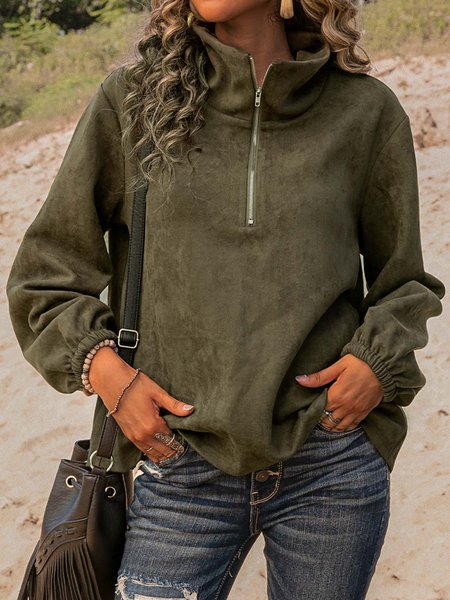 

Green Stand Collar Long Sleeve Cotton-Blend Shirts & Tops, T-Shirts
