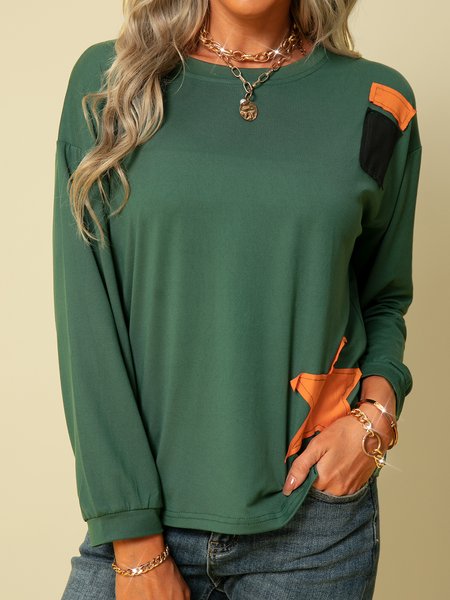 

Appliqued Crew Neck Casual Shift Tops, Green, Blouses & Shirts