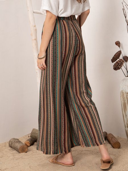 

Flower Stripes Boho Pants, Wide Leg Pants