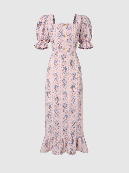 

Floral Puff Sleeve Square Neck Weaving Dress, Pink, Maxi Dresses