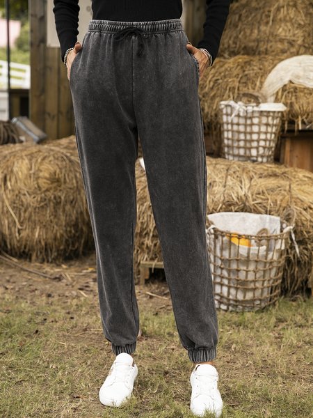 

Casual Vintage Cotton-Blend Plain Pants, Deep gray, Pants
