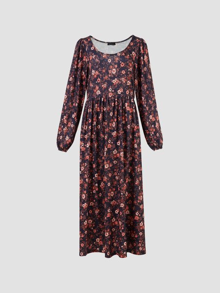 

Cotton-Blend Crew Neck Ethnic Floral Dresses, Reddish black, Floral Dresses