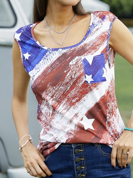 

Crew Neck Casual Shift Printed Tanks & Camis, Red, Tanks & Camis
