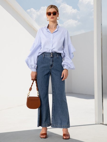 

Stripes Long Sleeve Stand Collar Casual Shirts & Tops, Blue, Blouses and Shirts