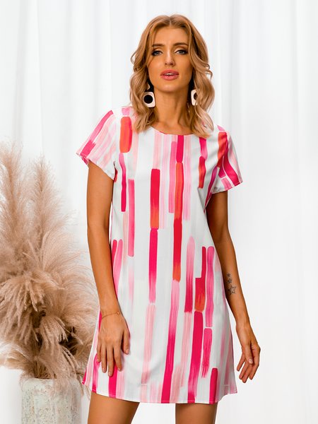 

Short Sleeve A-Line Casual Stripes Weaving Dress, Pink, Dresses