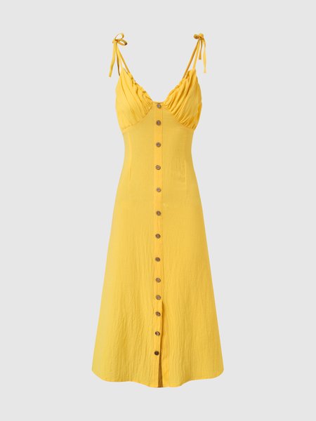 

Slit Ruched Shirred Frill Trim Cami Dress, Yellow, Maxi Dresses