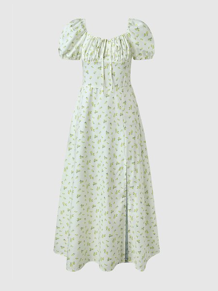 

Elegant Floral Slim Fit Side Slit Square Neck Dress, Aqua, Maxi Dresses