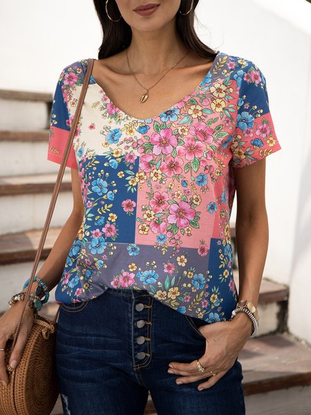 

Casual V Neck Short Sleeve Shirts & Tops, Multicolor, T-Shirts