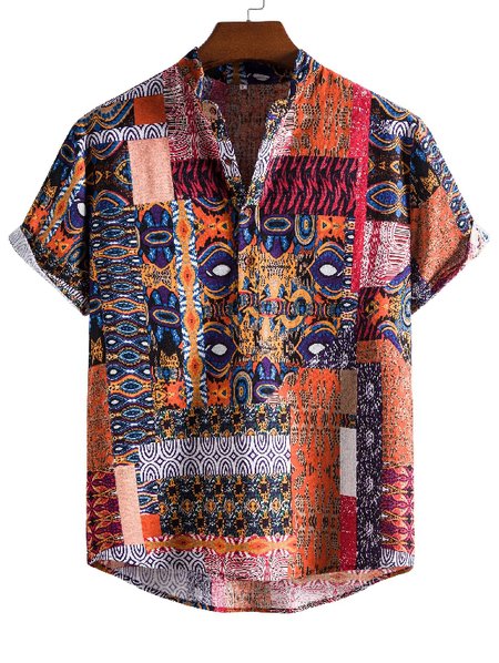

Men's National Style Short Sleeve Casual Loose Shirt, As picture, Men's shirts