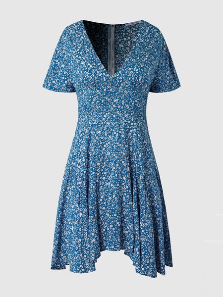 

V Neck Casual Slim Fit Floral Dress, Blue, Mini Dresses