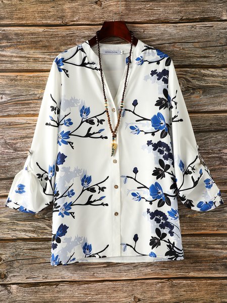 

Casual Long Sleeve Stand Collar Cotton Blouse, White, Shirts & Blouses