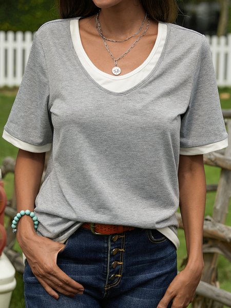 

JFN Round Neck Solid Causal T-Shirt/Tee, Gray, T-Shirts