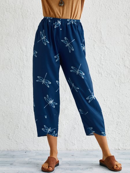 

Navy Blue Printed Casual Pockets Shift Pants, Pants