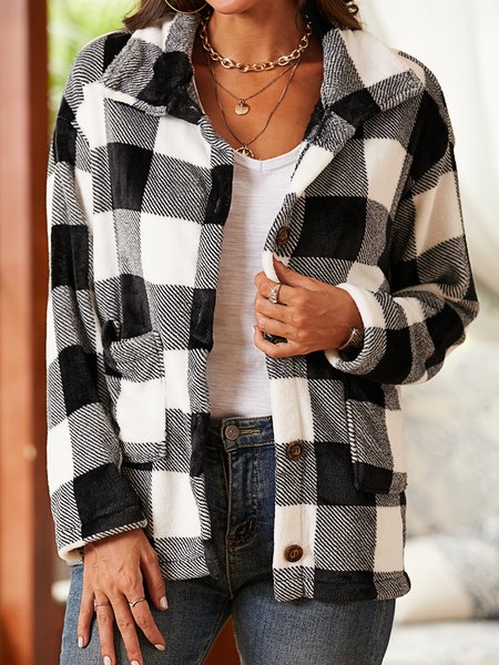 

shift checkered/plaid casual outerwear, Black-white, Coats & Jackets
