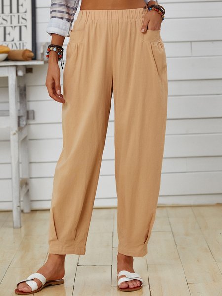 

Cotton-Blend Casual Plain Pants, Khaki, Pants