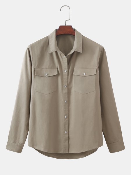 

Casual Solid Chest Pocket Overshirt, Khaki, Men's shirts