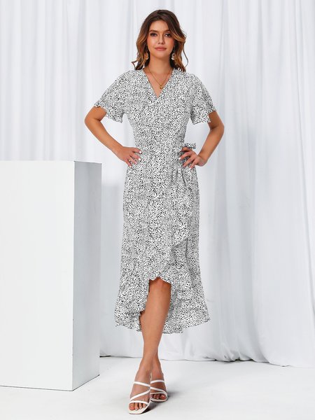 

Sweet V Neck Short Sleeve Weaving Dress, White, Dresses