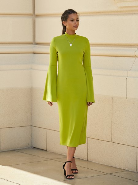 

Stand Collar Solid Long Sleeve Elegant Party Dress, Green, Midi Dresses